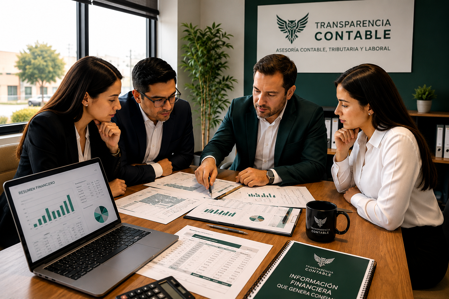 Reunión con clientes revisando estados financieros en Transparencia Contable